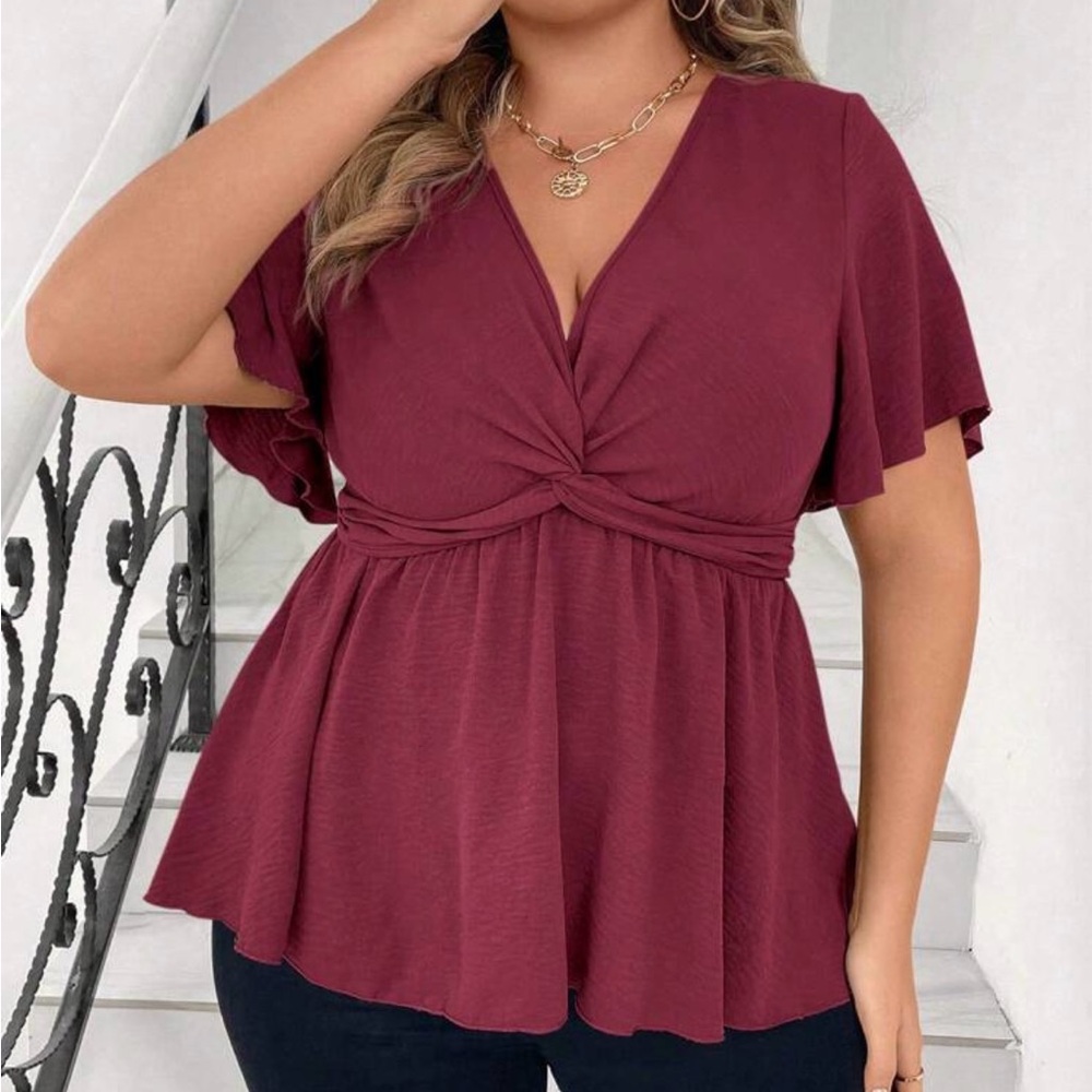 V-Neck Twist Knot Short Sleeve Peplum Blouse